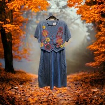 Country Wear Denim Dress Attached Vest Womens Size 10 Sunflower Garden Vtg 1990s - £27.86 GBP