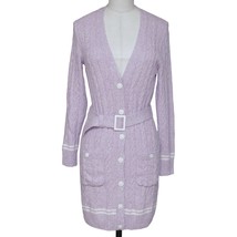 CHANEL Cardigan Sweater Knit Top Lavender White Long Sleeve Belt V-Neck ... - £1,666.81 GBP