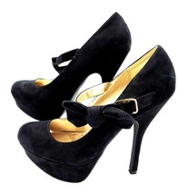 Qupid Mary Jane Platform Stiletto Heel Sz 7.5N Black Bow Closed Toe Pumps Shoes - £12.49 GBP