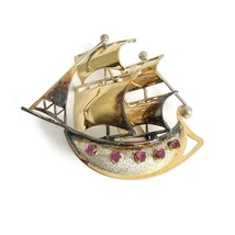 Authenticity Guarantee 
Vintage 1940&#39;s Ruby Sailing Ship Boat Brooch 18K... - £1,274.97 GBP