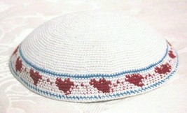 Yamaka Kippah Knit Crochet White Red Hearts Jewish Cap - $8.87