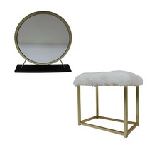 Adao Vanity Mirror &amp; Stool, Faux Fur, Mirror, Black &amp; Brass Finish - $162.00
