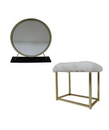 Adao Vanity Mirror &amp; Stool, Faux Fur, Mirror, Black &amp; Brass Finish - $2,976.02 MXN