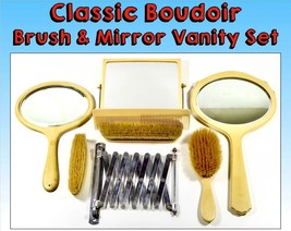Vintage Boudoir Vanity Set: Celluloid Hand &amp; Accordion Mirrors, Brushes &amp; Comb - £64.50 GBP