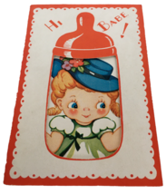 Vintage Valentines Day Card Hi Babe Girl in Baby Bottle Blue Hat Valentine - £7.06 GBP