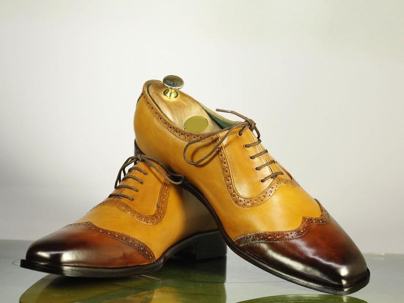 Handmade Men's Tan Brown Wing Tip Leather Dress Shoes, Men Designer Fashion Shoe