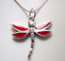 Reversible Dragonfly Simulated Coral 925 Sterling Silver Necklace Small - £11.47 GBP