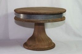 Cake Stand (New) Wooden Cake Stand - 6.25&quot; Tall 8&quot; Round Metal Strip Around Cntr - £28.21 GBP