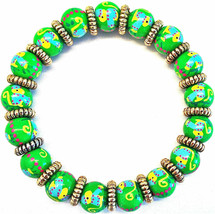 New Angela Moore Petite Beaded Bracelet Green W/ Blue &amp; Yellow Monkeys Red Dots - £23.86 GBP