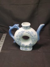 Dragon Handle Blue &amp; White Asian Teapot Donut Shape Floral Designs no lid - £12.10 GBP