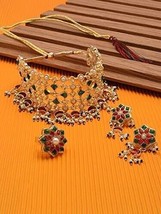 Green &amp; Pink Kundan Embellished Choker Necklace Earring Jewelry Set Women - £20.37 GBP