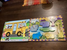 2 Chunky Wooden Melissa &amp; Doug Puzzles, Wheels On The Bus Works, Zoo Ani... - $19.80