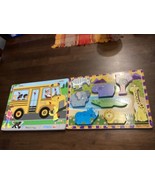 2 Chunky Wooden Melissa &amp; Doug Puzzles, Wheels On The Bus Works, Zoo Ani... - $19.80