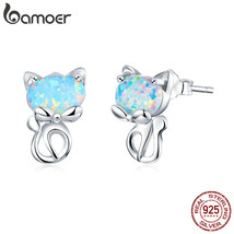 E 925 sterling silver blue opal cute cat stud earrings for women animal fashion jewelry thumb200