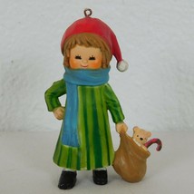 Hand Painted Vintage Christmas Ornament Little Girl Dress Hat Scarf Toy Bag 3.5&quot; - £9.31 GBP