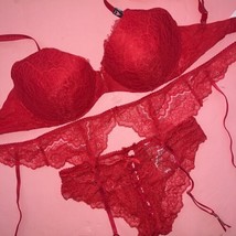 Victoria&#39;s Secret 32DDD Bra Set+Garter+Xs Panty Red Lace Valentine Dream Angels - £78.84 GBP