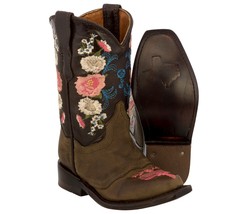 Cowgirl Toddler Boots Girls Brown Cowboy Western Up Snip Toe Flower Real... - £43.95 GBP