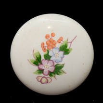 Vintage Porcelain Ceramic Floral Flower White Round Cabinet Pull Handle 1 1/2&quot; d - £2.36 GBP