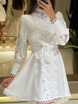 Women Midi Dress  White  Hook Flower  work Boho Long Sleeve Dresses 2022 For Fem - £104.94 GBP