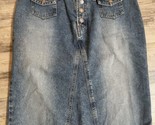 Vtg Hot Kiss Jean Skirt Denim Button Fly Knee Length Size 13 35x23 USA Made - $15.47