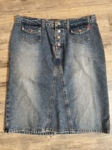 Vtg Hot Kiss Jean Skirt Denim Button Fly Knee Length Size 13 35x23 USA Made - $15.47