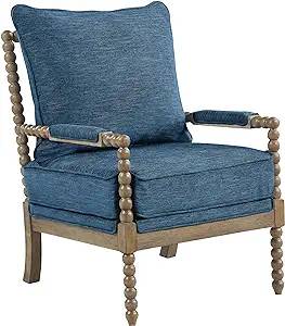 Fletcher Spindle Accent Chair With Rustic Brown Finish, Navy Blue Uphols... - $622.99