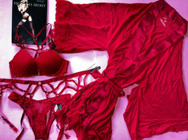 Victoria&#39;s Secret 34A Bomba Reggiseno Set +Giarrettiera +Collant + Rosso Lace - £166.17 GBP