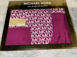 Michael Kors Scarf Hat Gloves Deep Fuchsia Cream New in Box - £73.02 GBP