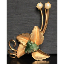 Elegant Vintage Green Nephrite Jade &amp; Pearls Brooch Sky - £23.15 GBP