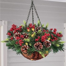 US Seller Lighted Faux Pine &amp; Berries Arrangement Hanging Christmas Bask... - £69.25 GBP