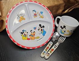 Vintage 1984 Disney Babies Plate Cup Fork Spoon Set Utensil Melamine Sel... - $21.17