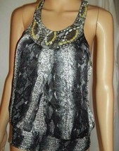 BEBE Women&#39;s Snakeskin Print Jeweled Collar Sleeveless Top - Gray/Blk/Wht-Small - £11.81 GBP