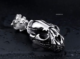 Sabre-Toothed Tiger Smilodon Big Cat Dinosaur Skull Stainless Pendant &amp; Chain - $23.76