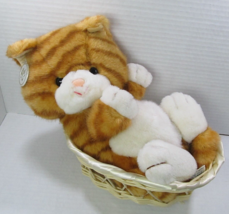 VTG Russ Caress Soft Pets TABBY Cat  Plush Orange Stripes Kitten in Basket w/tag - £22.42 GBP