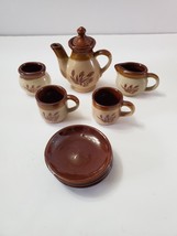 Miniature Mini Tea Set Cups Saucers Tea Pot Brown Wheat Pattern Doll Size Qty 8 - £19.53 GBP