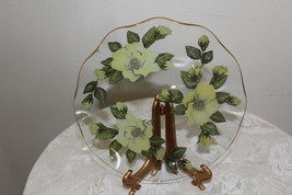 Beautiful Hand Painted Yellow Flower Decorated Clear Plate with Gold Trim - $49.99