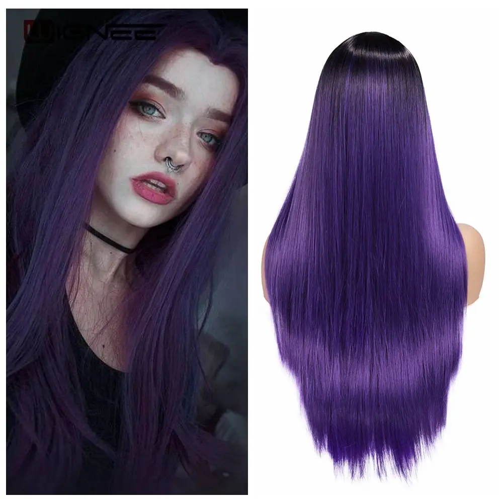 Wignee Long Synthetic Wig Straight Hair Middle Part For Women Ombre Purple - $15.38+