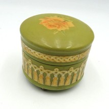 Vintage Trinket Box Green Decoupaged Yellow Rose Gold Detailing Velvet Lined - $24.75