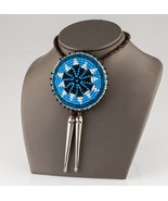 Seed Bead Sunburst Bolo Tie with Braided Leather Strand and Silver Aglets - £88.80 GBP