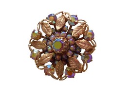 Vintage Costume Round Aurora Borealis Leaf accent Gold Brooch Pin Jewelry - $284.76 MXN