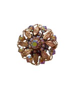Vintage Costume Round Aurora Borealis Leaf accent Gold Brooch Pin Jewelry - $15.20