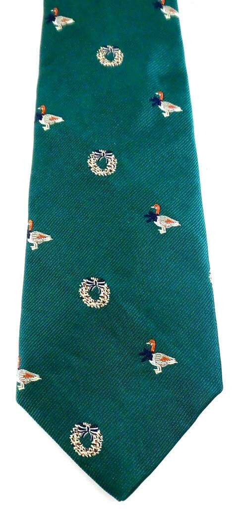 Lands' End Necktie Tie Silk Green Christmas Wreath Duck Ribbon Vintage - $6.92