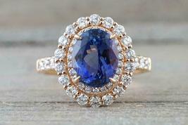 3Ct Oval Cut Blue Sapphire &amp; Diamond Halo Engagement Ring 14K Yellow Gold Finish - £82.29 GBP