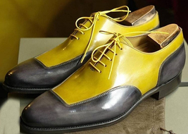New Men Fashion Shoes, Men handmade Yellow and Gray Color Leather lace Up Shoes. - £113.41 GBP