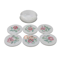 White Marble Coffee Coaster Set Inlay Precious Stone Floral Art for Gift... - £215.32 GBP