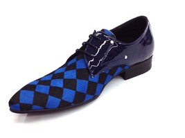 Men Fashion Shoes ZOTA Lace Up Pony Hair, Leather Checker Pointe Toe HX750 Blue image 3