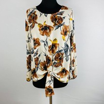 West Kei Beige Brown Gray Floral Print Elastic Sleeve Tie Hem Women&#39;s M Top - £19.76 GBP