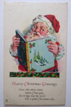 Christmas Postcard Santa Claus Reading Book Hearty Greetings Embossed JP NY - $12.35