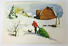 Vintage Christmas Postcard Post Card Boy Dog Barn Farm Farmhouse Frameable Art - £6.02 GBP