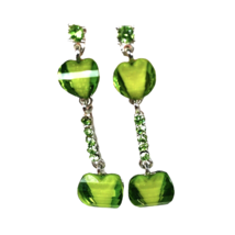 Green Glass Pierced Earrings Posts Rhinestones Square Dangle 2” Drop Bling - £9.72 GBP